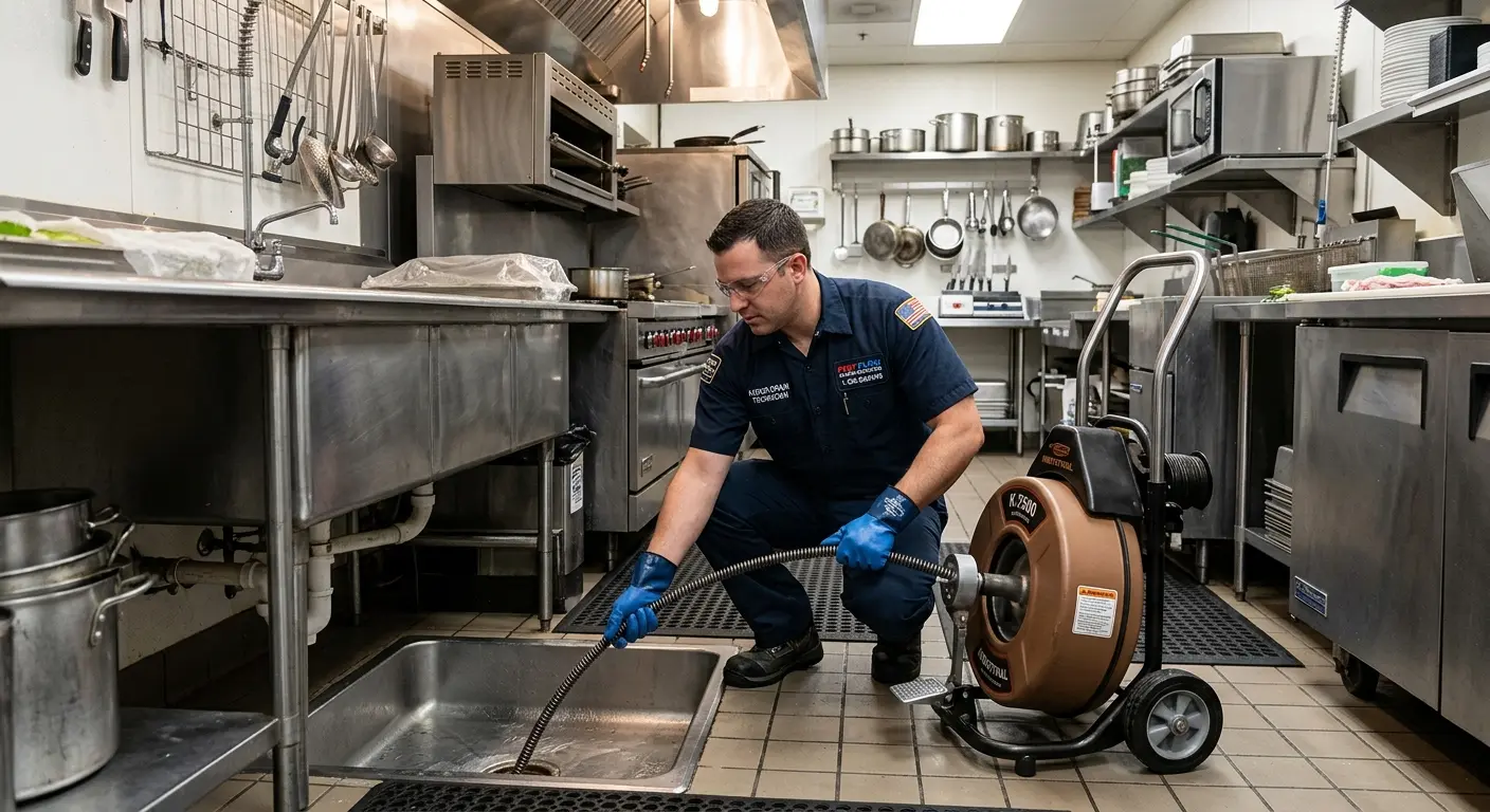 Commercial drain cleaning service in a restaurant kitchen in Mill Valley