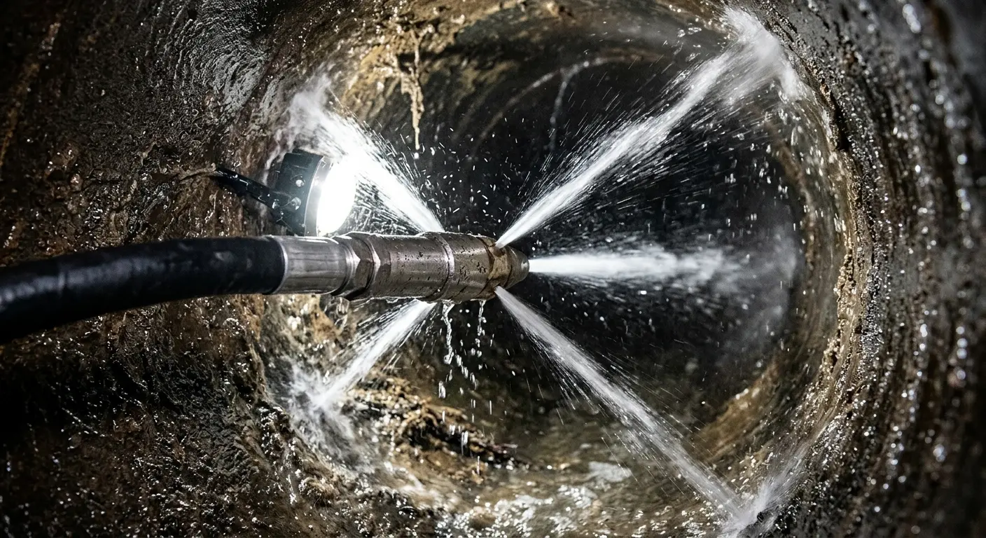 High-pressure hydro jetting nozzle cleaning sewer pipe for Sewer Cleanout in Mill Valley