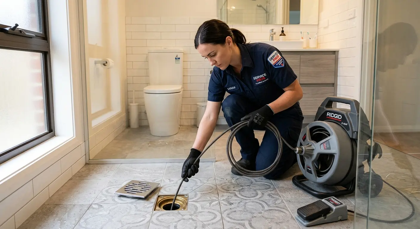Technician clearing a bathroom floor drain for Hydro Jetting in Mill Valley